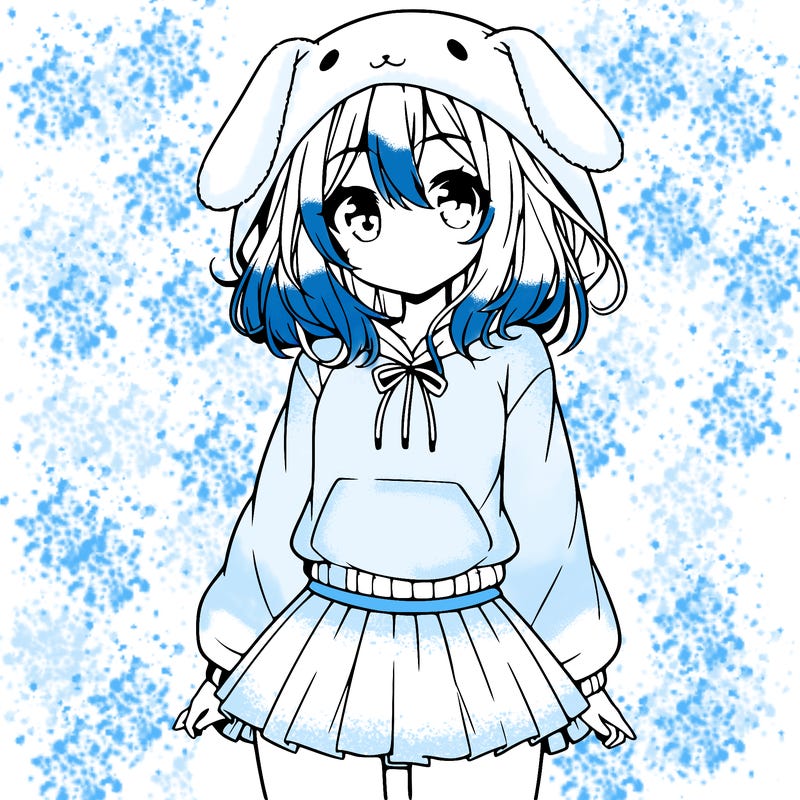 pretty anime girl wearing a fluffy hoodie with bunny ears on the hood and a skirt