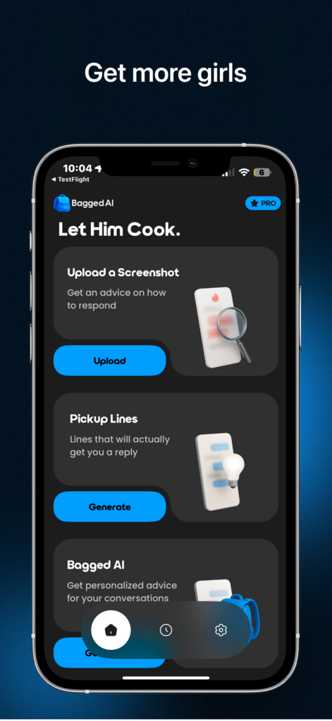 Bagged AI: Pickup Lines & Rizz - Painel do aplicativo móvel Bagged AI mostrando recursos como fazer upload de captura de tela e gerador de cantadas.