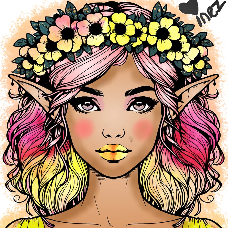 realistic female elf with flower crown