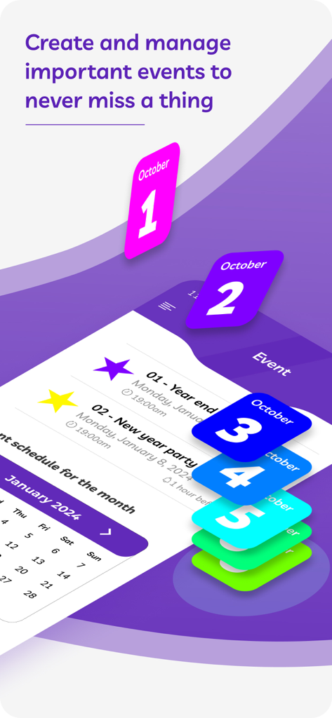 Mobile app screen showing a shift schedule with an event list and monthly calendar