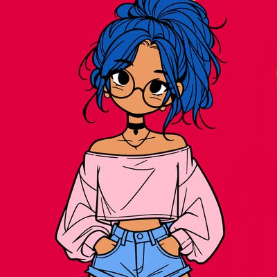 girl with a messy ponytail glasses a baggy crop top and jean shorts
