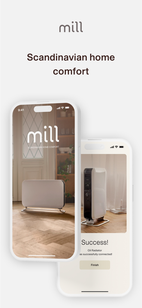 Mill Norway app displaying Scandinavian home comfort and a successful smart radiator connection