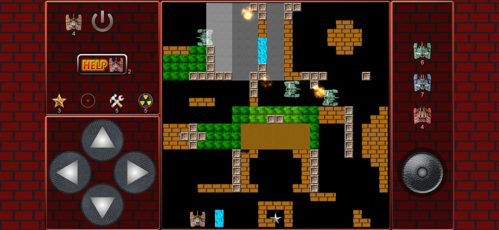 Gameplay-Bildschirm von Super Tank Battle, der Retro-Top-Down-Panzerkampf und Arcade-Steuerungen zeigt