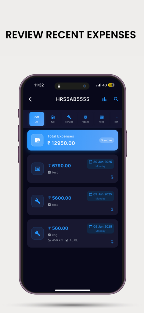 IDG: Autolokate - A mobile app interface displaying a summary of recent vehicle expenses including fuel and maintenance costs