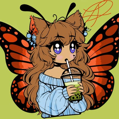 a realistic butterfly/furry girl drinking boba