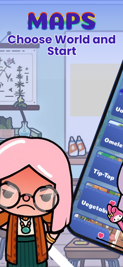 School Days for TC World - Interface para escolher mapas no aplicativo School Days for TC World.