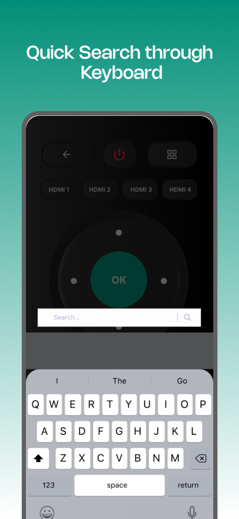 Smartphone interface displaying a virtual keyboard for quick search on a Hisense Smart TV