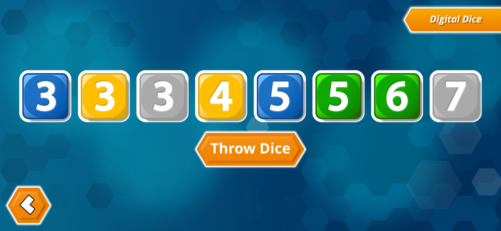HexRoller - Digital dice interface in HexRoller showing a row of colored dice with numbers and a throw dice button