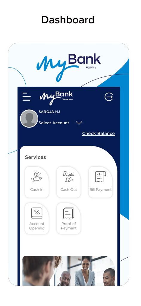 MyBank Agency mobile app dashboard showing financial services icons like cash in and bill payment
