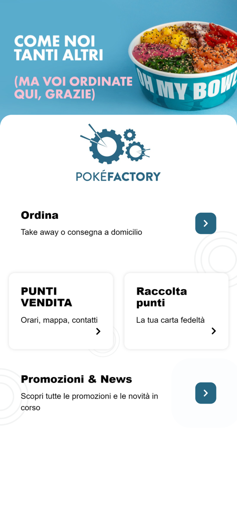 Poké Factory - Interface of the Poke Factory app with sections for ordering food finding stores and tracking rewards