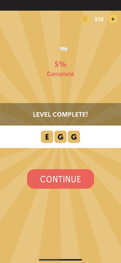 Level complete screen for the word EGG in the Word Picture mobile game