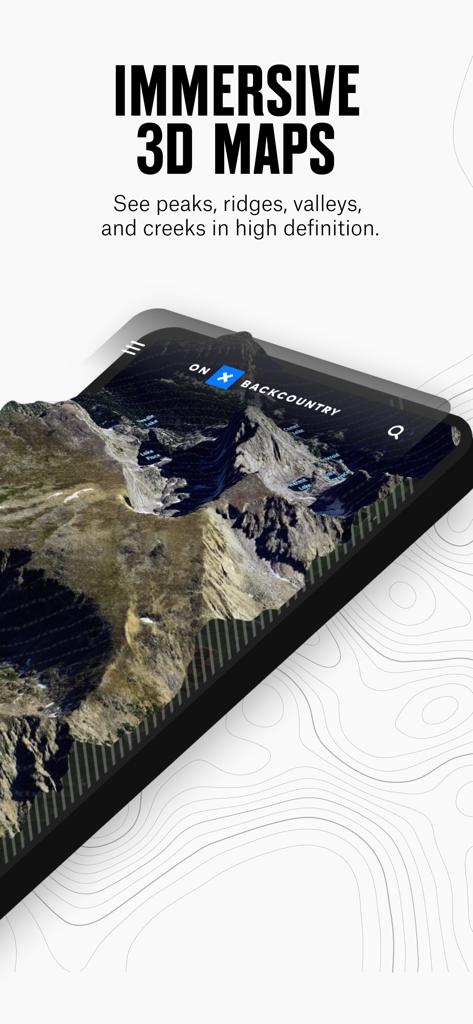 onX Backcountry: Trail GPS App - Application onX Backcountry affichant des cartes topographiques 3D immersives de terrain montagneux.