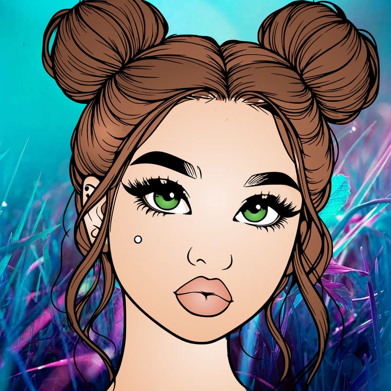 realistic girl with two buns on her hair and lips