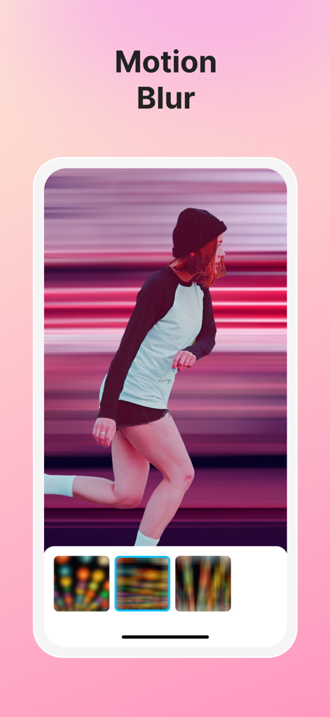 Vivid - AI Photo Enhancer - Ejemplo de la función de desenfoque de movimiento en la aplicación de edición de fotos Vivid AI que muestra a una mujer corriendo con un fondo desenfocado