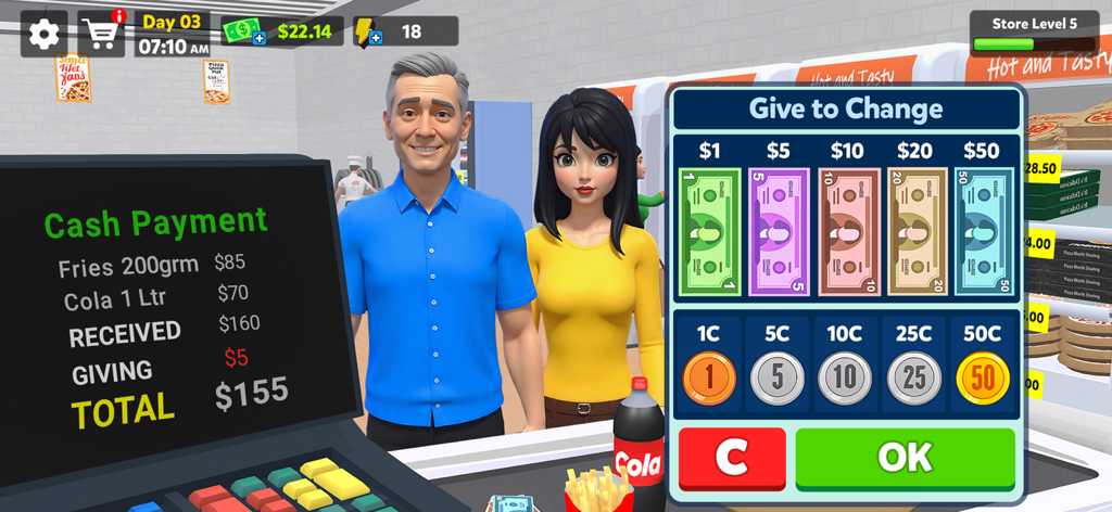 Pizza Shop Simulator 3D - Interfaz de caja en Pizza Shop Simulator 3D que muestra billetes y monedas de dólares estadounidenses para dar cambio a los clientes