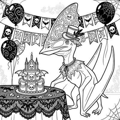 Unleash your creativity with this one-of-a-kind coloring page featuring a Tapejara pterosaur's gothic birthday party. Dive into an intricate world of Victorian lace, skulls, and dramatic designs, perfect for a unique coloring challenge.