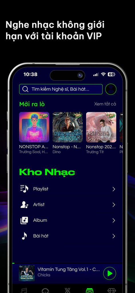 Diijam - Nhạc mp3 & EDM Remix - User interface of Diijam app showing music categories and nonstop Vietnamese EDM remixes