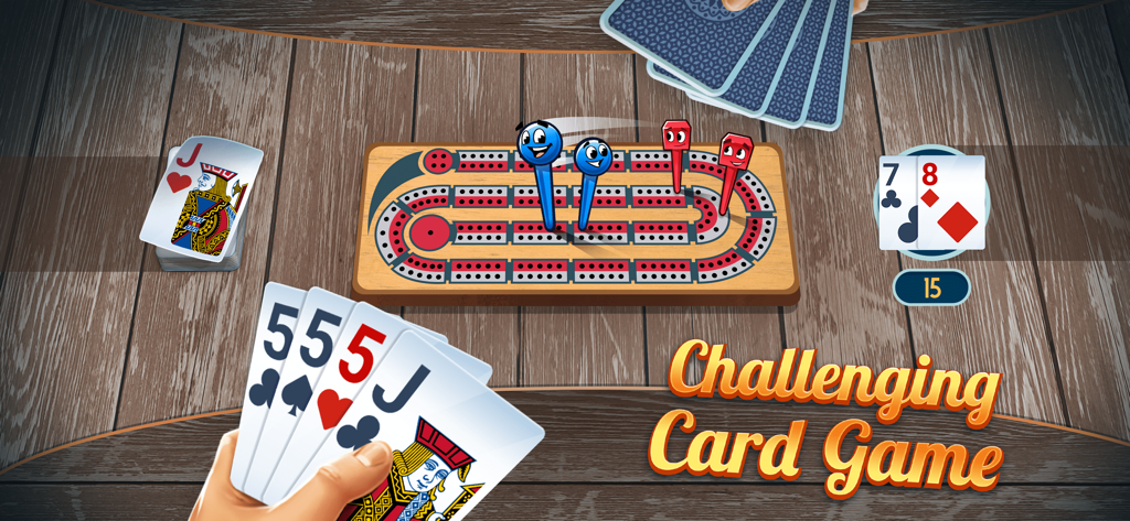 Ultimate Cribbage Classic gameplay showing a digital cribbage board and cards on a wooden table.