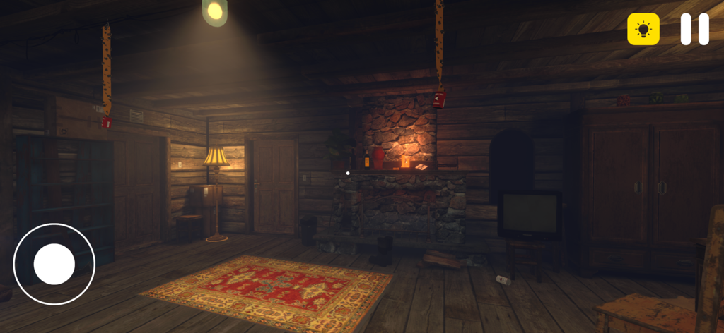 Anomalies Horror Detective - Vista em primeira pessoa do interior de uma cabana de madeira assustadora com uma lareira de pedra e um tapete vermelho em Anomalies Horror Detective