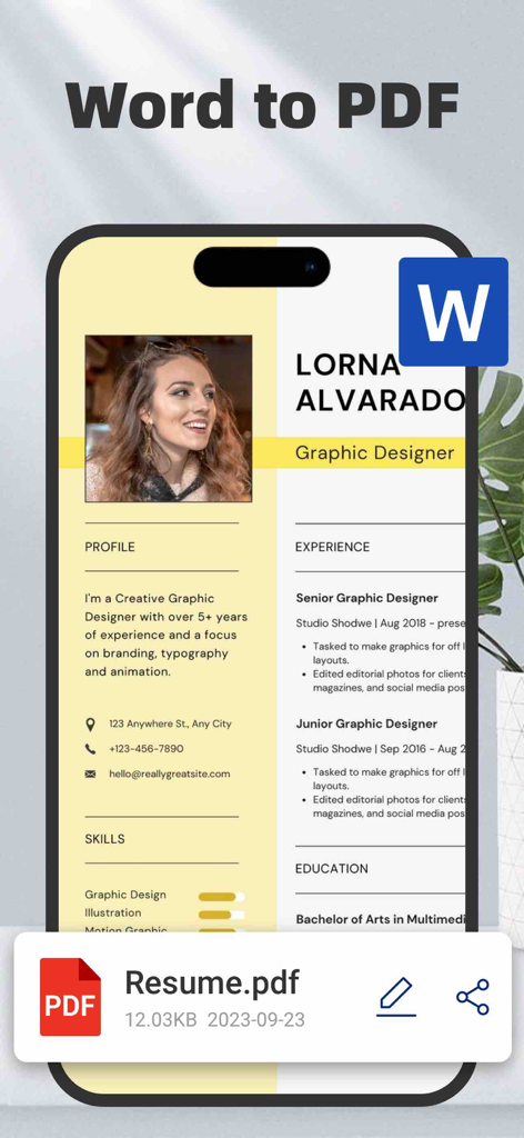 AI PDF Converter: Files to PDF - Eine Smartphone-Oberfläche, die die Konvertierung eines professionellen Word-Dokuments (Lebenslauf) in eine PDF-Datei zeigt