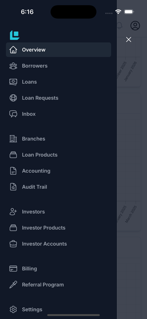 Lendbox | AI Loan Management - Seitenleiste der Lendbox KI-Kreditmanagement-App mit Menüoptionen für Kreditnehmer, Kredite und Buchhaltung.