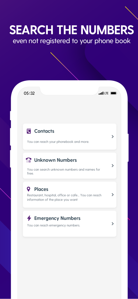 UpCall mobile app interface showing search options for contacts unknown numbers and places