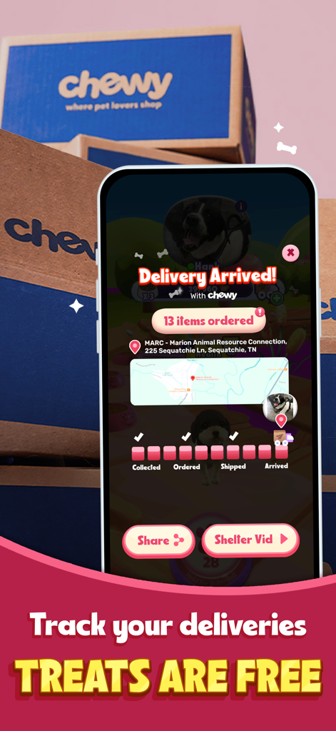 TREAT: Play & impact REAL dogs - Mobile screen showing the tracking of free treat deliveries to a real animal shelter through the TREAT app and Chewy
