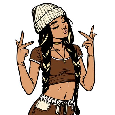 realistic teenage girl with braids and a beanie and crop top doing 🫶🏼