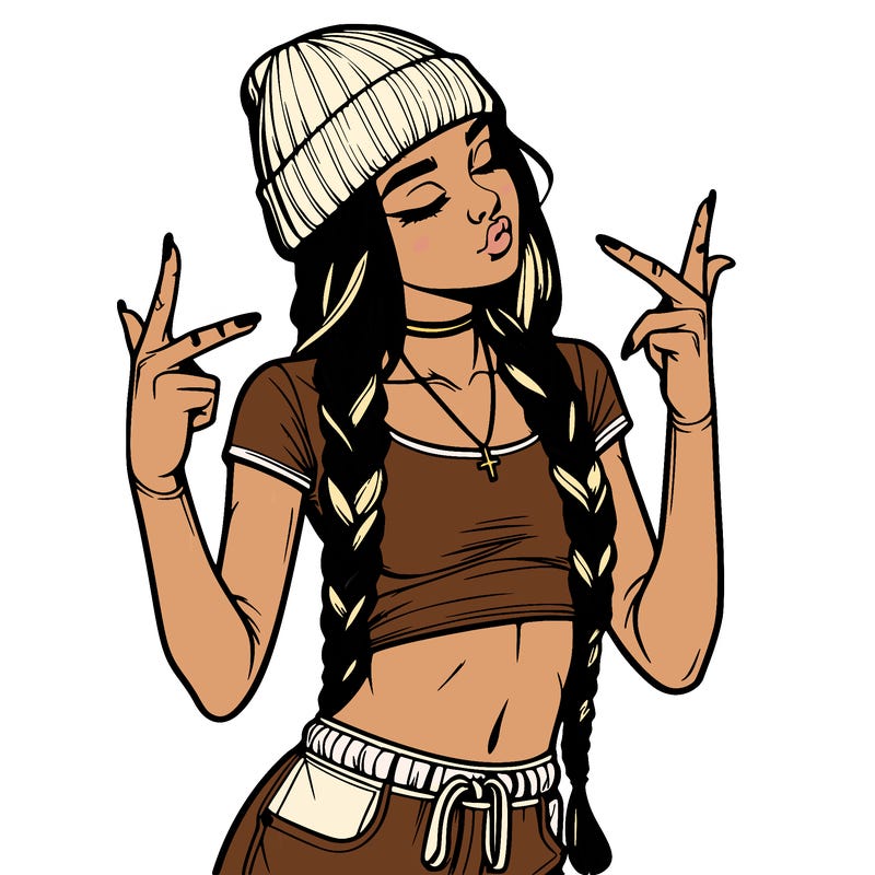 realistic teenage girl with braids and a beanie and crop top doing 🫶🏼