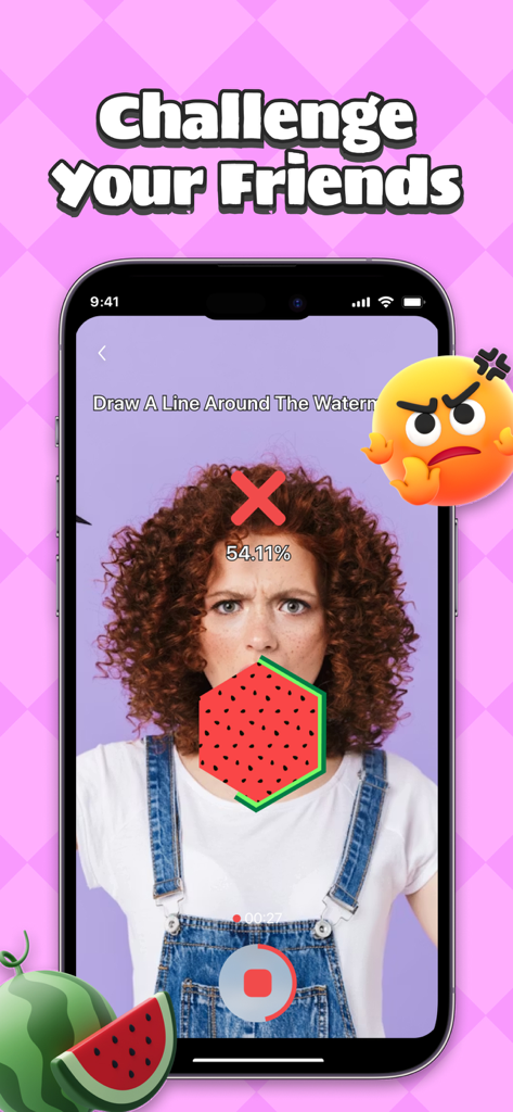 A woman using the Watermelon Draw Challenge camera filter to test her drawing accuracy