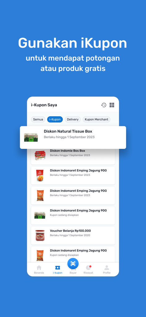 Indomaret Poinku - Indomaret Poinkuアプリのモバイルインターフェース。割引のための利用可能なデジタルクーポンとショッピングバウチャーのリストを表示しています。