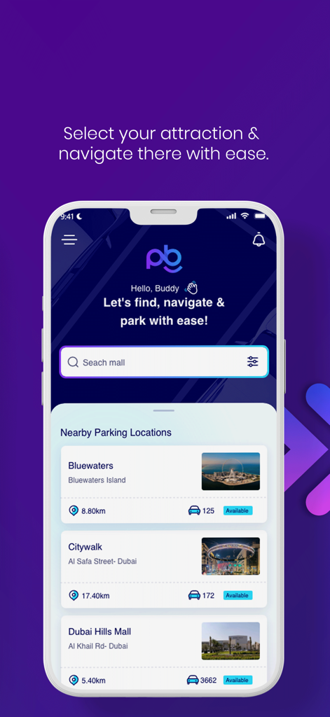 My Park Buddy - Interface do aplicativo My Park Buddy mostrando disponibilidade de estacionamento em tempo real para locais próximos