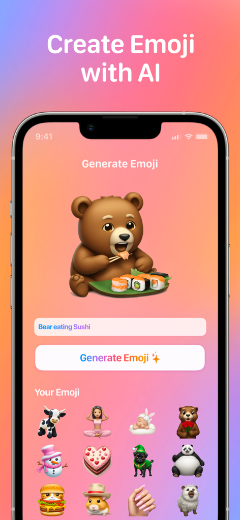AI generated bear eating sushi emoji on the Swipemoji app interface.