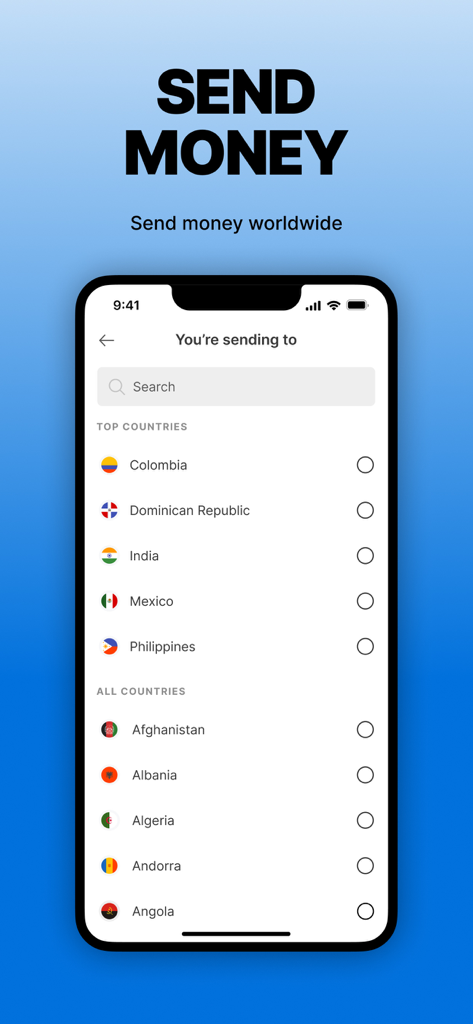 Walmart2Walmart - International country selection list for sending money in the Walmart2Walmart app.