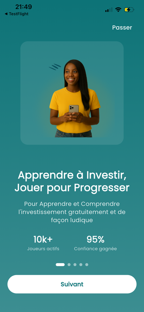 PlayInvest.HD - Onboarding screen for PlayInvest HD app featuring a woman and text about learning to invest through gaming