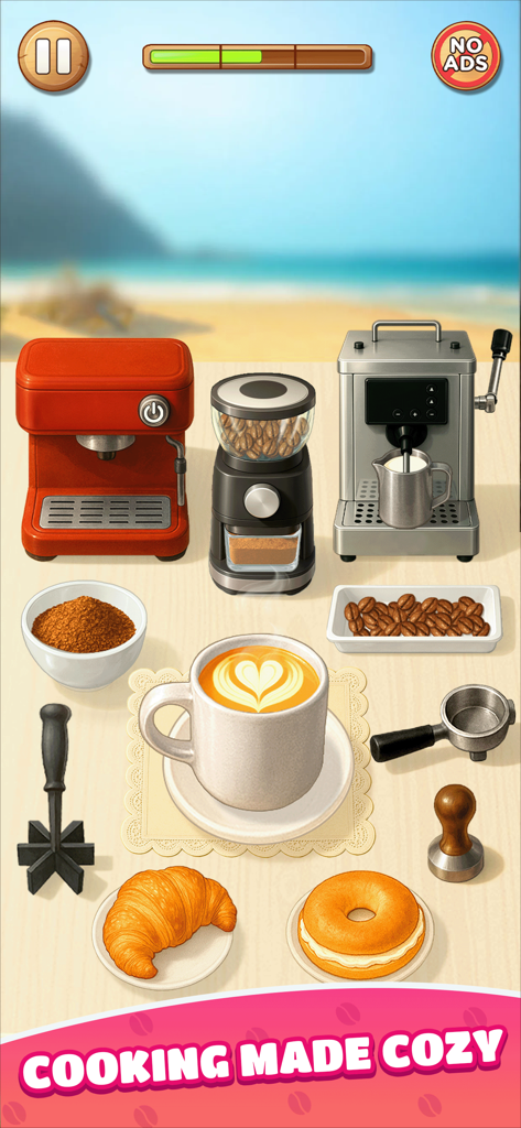 Cooking ASMR: Foodie Cook Game - 料理ASMRゲームの居心地の良いコーヒーバーのセットアップ。ラテアート、エスプレッソマシン、クロワッサン、ベーグルがビーチの背景に映っています。