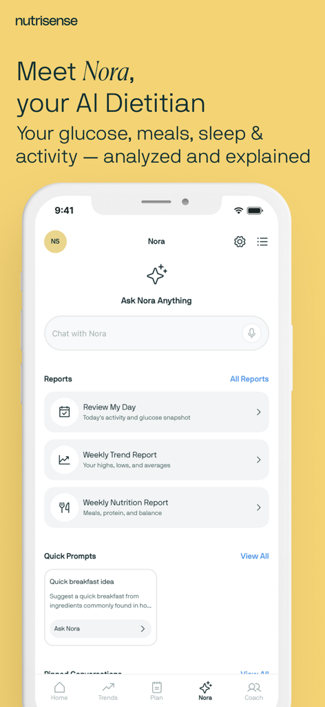 Interface do aplicativo Nutrisense apresentando Nora, a Nutricionista IA, com relatórios personalizados de glicose e nutrição