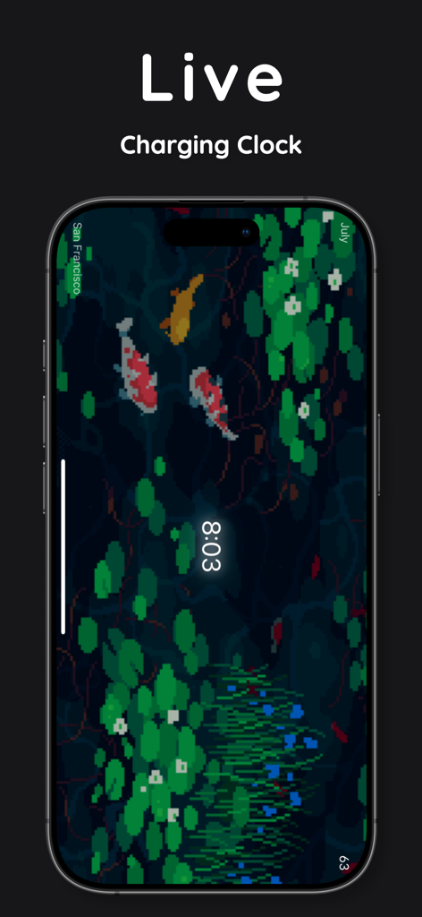 CozyTime: Lock Screen Clocks - iPhone screen showing CozyTime app with a pixel art koi pond background and digital clock display.