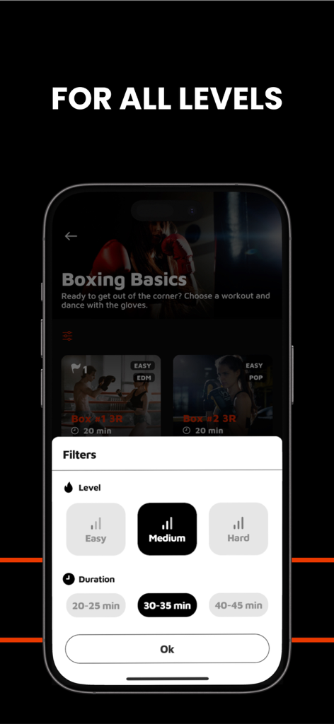 GoHit - Kickboxing Workout - Interfaz de la app de kickboxing GoHit mostrando filtros de entrenamiento para niveles de dificultad y duración de la sesión.