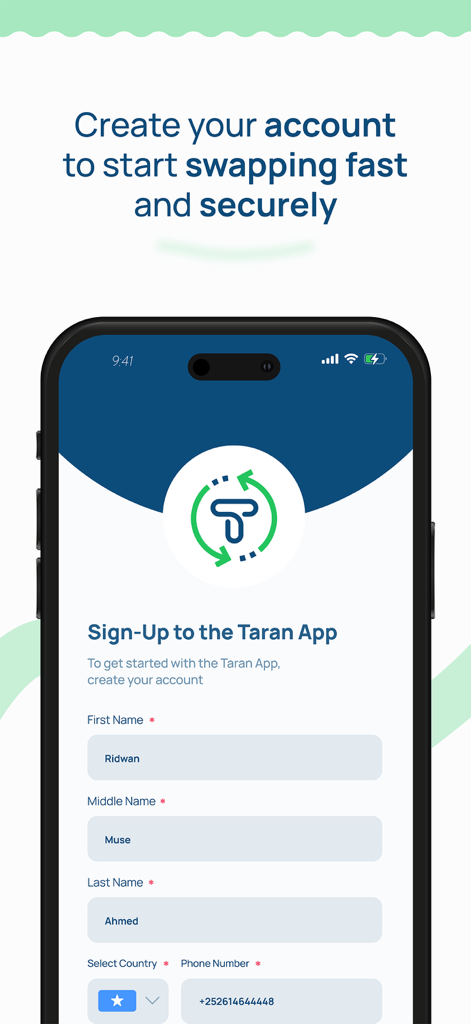 Taran App - Taran App registration screen showing the create account form with name and phone number fields