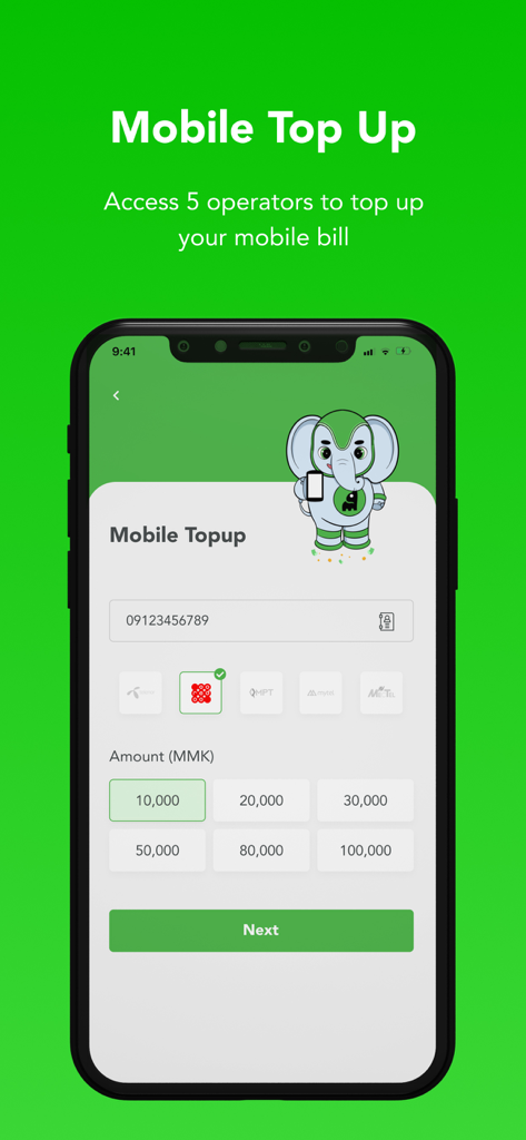 MoMoney - Wallet - MoMoney Wallet mobile top up screen showing operator selection and credit amounts