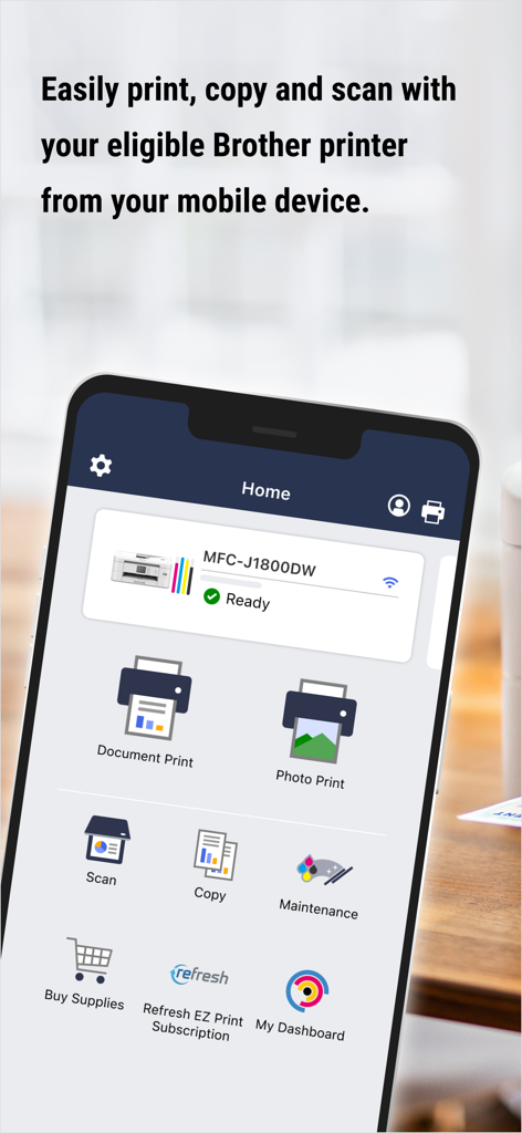 Brother Mobile Connect app interface displaying options for printing scanning and managing a Brother printer from a smartphone