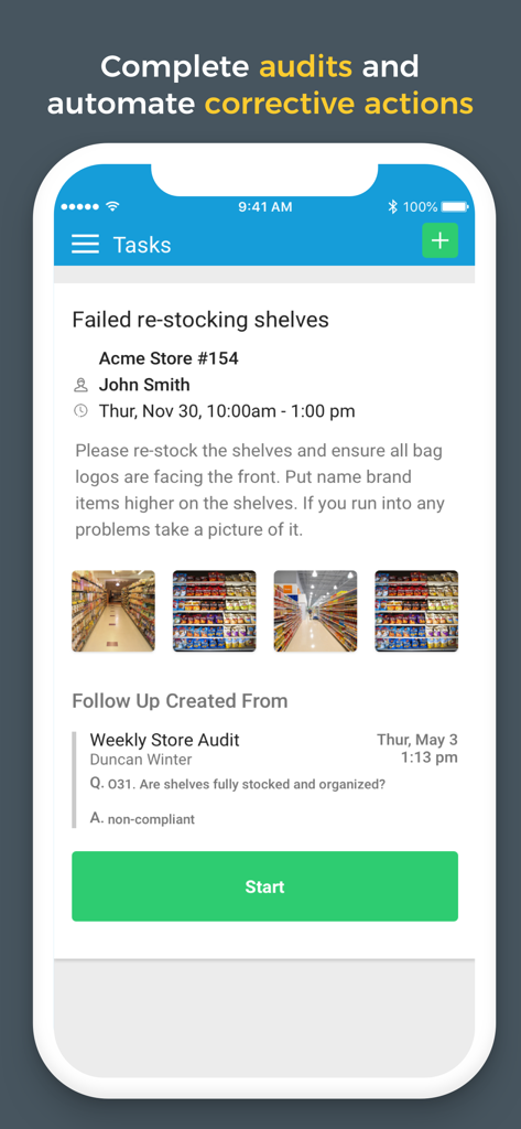 Zenput - Zenput interface showing a task for corrective action following a store audit