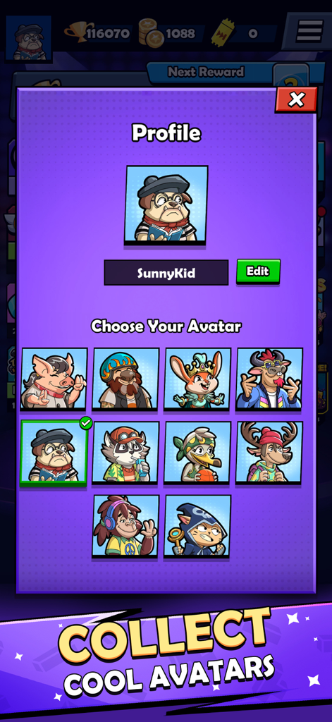 Block Heads: Duel puzzle games - Menú de personalización de perfil en Block Heads que muestra varios avatares de animales coleccionables