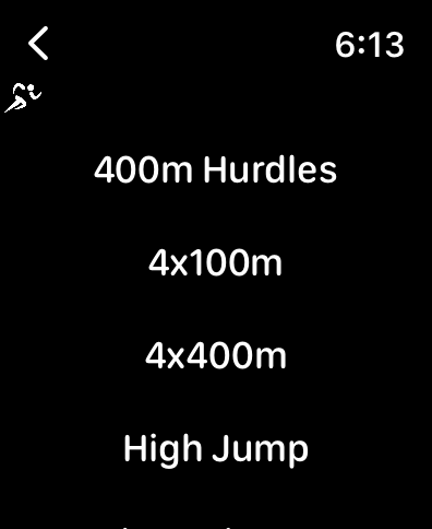 Apple Watch-Oberfläche mit einem Menü von Leichtathletikveranstaltungen, einschließlich 400 m Hürden und Hochsprung.