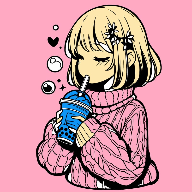manga girl drinking boba in cozy sweater