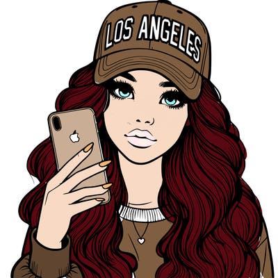 realistic beautiful girl wearing los ángeles cap holding an iphone