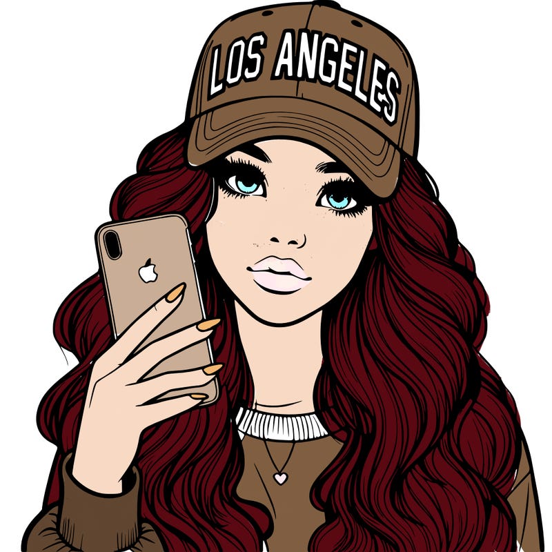 realistic beautiful girl wearing los ángeles cap holding an iphone