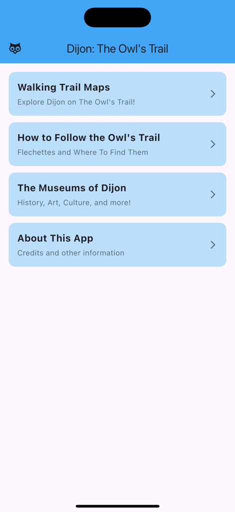 Dijon: The Owl's Trail - Main menu of the Dijon The Owls Trail mobile app featuring options for walking trail maps and museum information