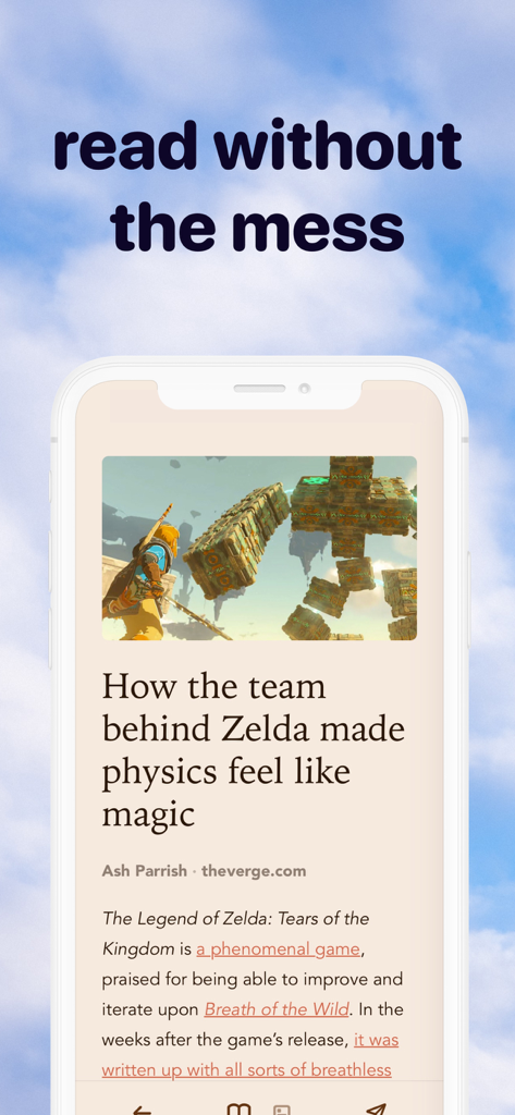 Minimalist reader interface of the feeeed app showing a clean news article layout without ads or clutter.